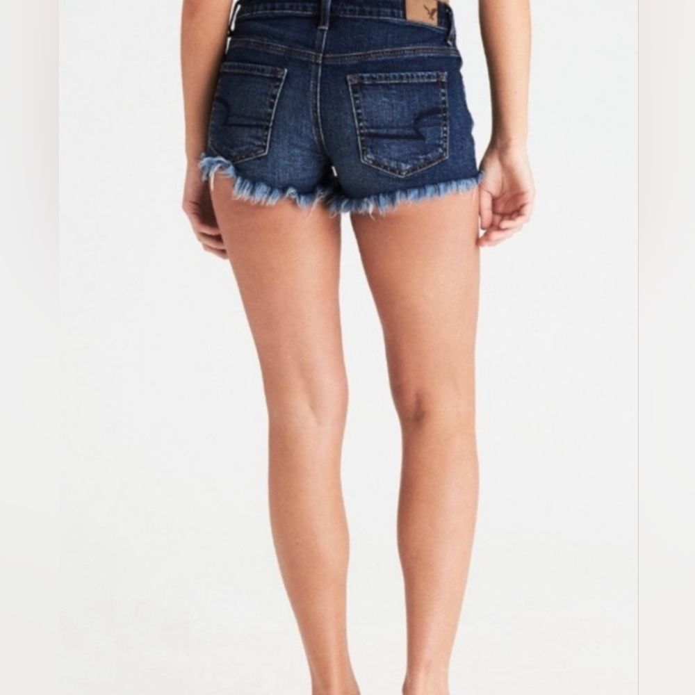 American Eagle Next Level Stretch Hi-Rise Shortie Frayed Distressed Denim Shorts
